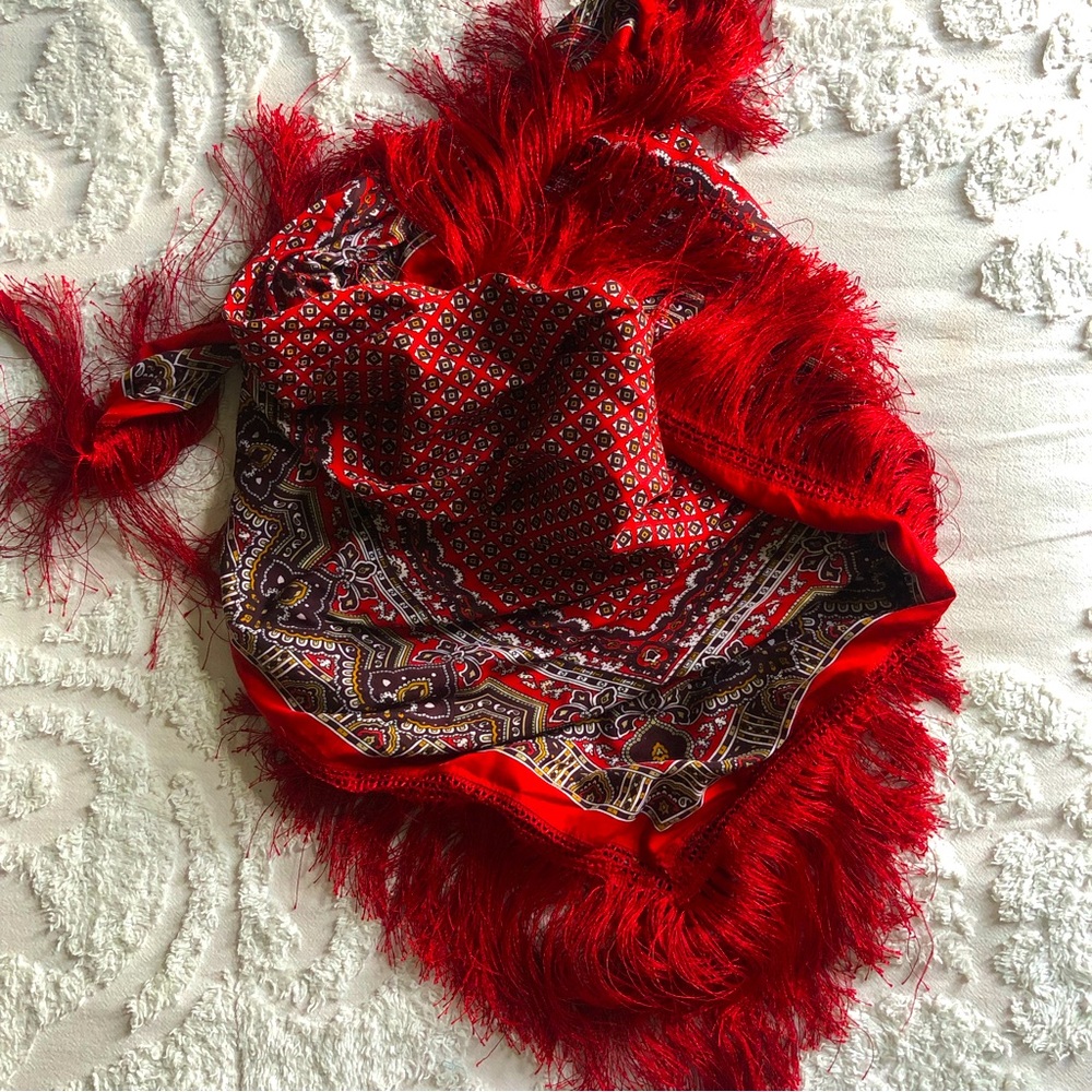 silky satin & long fringe BIG square scarf